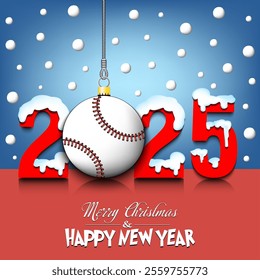 Merry Christmas and Happy New Year. Number 2025 and baseball ball as a Christmas decorations hanging on strings amid falling snow on a mirror surface. Pattern for greeting card. Vector illustration