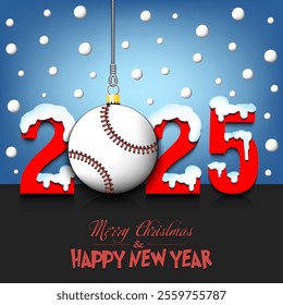 Merry Christmas and Happy New Year. Number 2025 and baseball ball as a Christmas decorations hanging on strings amid falling snow on a mirror surface. Pattern for greeting card. Vector illustration