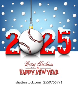 Merry Christmas and Happy New Year. Number 2025 and baseball ball as a Christmas decorations hanging on strings amid falling snow on a mirror surface. Pattern for greeting card. Vector illustration