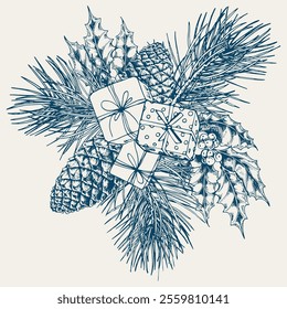 Merry Christmas and Happy New Year pine branches, cones and gift boxes. Hand drawn line art vector illustration.