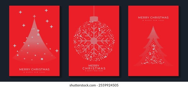 Merry Christmas and Happy New Year greeting card vector set. Luxury invitation with Christmas tree, bauble, spot texture on red background. Design illustration for season's card, ads.