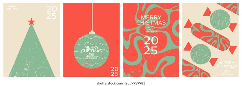 Merry Christmas and Happy New Year greeting card Set. Modern typography Xmas design with beautiful elements