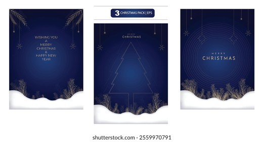 Merry Christmas and Happy New Year greeting card with Golden luxury elements and navy blue background. Vector illustration