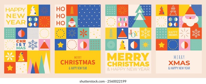 Merry Christmas and Happy New Year posters or cards in geometric style. Winter playful design for greeting cards, posters, holiday cover, banner in swiss style. Vector illustration