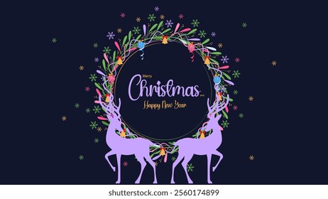 Merry Christmas and Happy New Year wreath with reindeer greeting card template. Winter x mas. Vector illustration