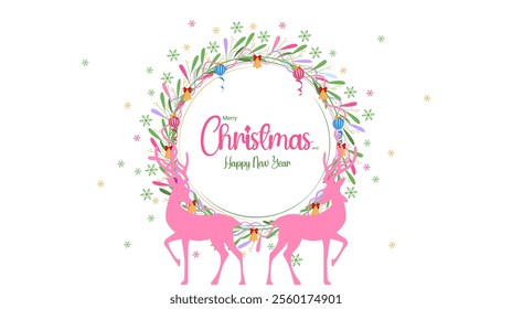 Merry Christmas and Happy New Year wreath with reindeer greeting card template. Winter x mas. Vector illustration