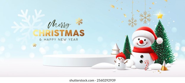 Merry Christmas and happy new year podium, Snowman, pine tree, greeting card banner design on blue and white background, Eps 10 vector illustration