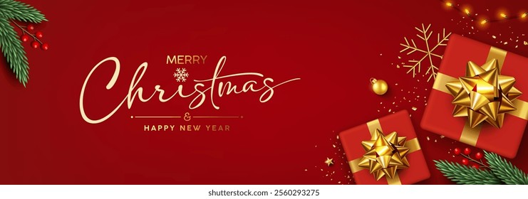 Merry christmas and Happy new year 2025, gift box red color gold ribbon, christmas ornaments, banner design on red background, Eps 10 vector illustration