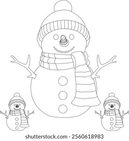 Merry Christmas and happy new year with snowman. Snowman with scarf, cartoon character.Christmas snowman collection. Snowman vector icon in doodle style