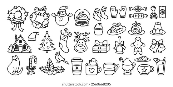 Merry Christmas and happy new year symbol element set. Xmas items cartoon illustrations sign drawing collection. Christmas tree, festive wreath, candy bell glove sock, gift, winter holiday icon vector