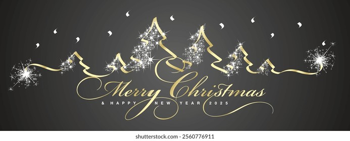 Merry Christmas and Happy New Year 2025 beautiful golden light elegant brush script calligraphy typography with gold white glitter sparkle stardust Christmas trees black background greeting card