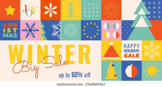 Merry Christmas and Happy New Year geometric sale banner template. Winter design with simple shapes and icons for advertising, sale banners, flyers in swiss style. Vector illustration