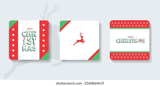 Merry Christmas and Happy New Year Set of greeting card, poster, holiday cover. Modern Xmas design in simple geometric style in green and red colors for ads, sales, print, season greetings