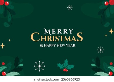 Merry Christmas and Happy New Year greeting card with elegant typography. Festive holly, berries, snowflakes, and stars frame a floral background. Holiday banner, poster, or cover. Modern flat design.