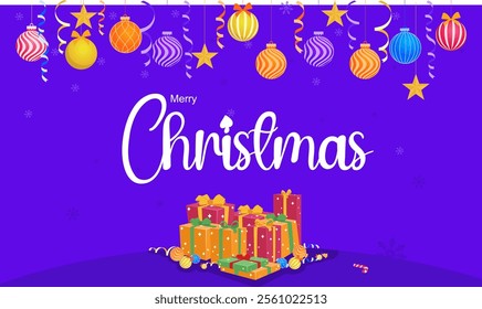 Merry Christmas and Happy New Year Greeting Card, banner, and poster design. Decorated Christmas hanging balls and ornaments. Vector illustration.