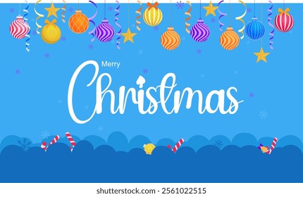 Merry Christmas and Happy New Year Greeting Card, banner, and poster design. Decorated Christmas hanging balls and ornaments. Vector illustration.