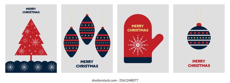 Merry Christmas and Happy New Year vertical flyer or poster template, card. Modern trendy minimal style. Christmas tree, ball, New Year's stocking, mitten, snowflakes. Vetor illustration, EPS 10.