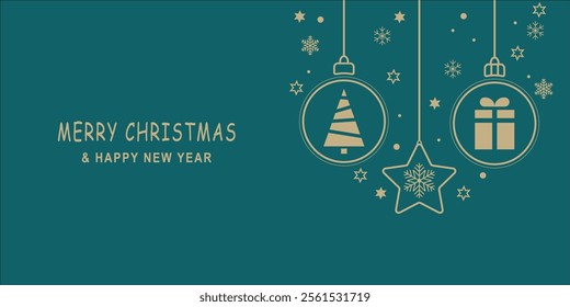 Merry Christmas and Happy New Year web banner, card and wall paper with vector illustrations.  Hanging Christmas baubles and star with tree and gift in snowy background. 
