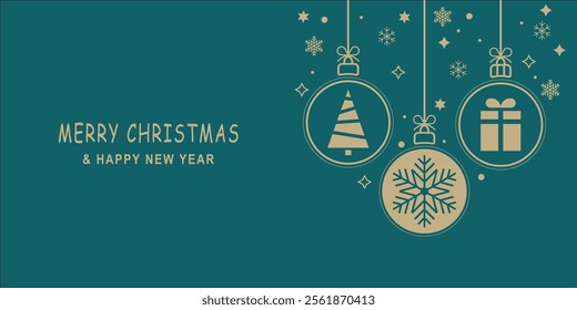 Merry Christmas and Happy New Year web banner with vector illustrations.  Hanging Christmas baubles with Christmas tree, snowflake and gift in snowy background. Winter designs for web and print.