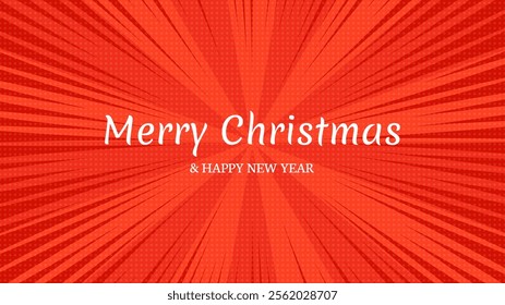 Merry Christmas and Happy New Year backdrop in pop art style. Red comic book halftone dotted background for Christmas holiday greeting card. Vector illustration