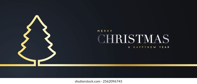 Merry Christmas and Happy New Year golden text design in dark background. Realistic 3d design Elegant Christmasdark blue background with Christmas tree. 