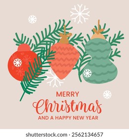 Merry Christmas and Happy New Year with Pine Leaves and Christmas Lamps - Flat Design.Vector illustration 