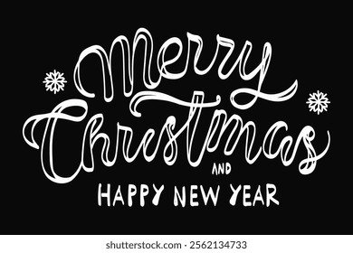 Merry Christmas and Happy New Year text in elegant calligraphy, white over a black background. Ideal for greeting cards, holiday designs, and festive decorations.