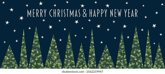 Merry Christmas and Happy New Year. Banner with abstrakt fir trees in front of a starry sky.