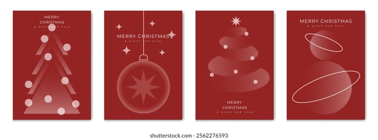 Merry Christmas and Happy New Year greeting card vector set. Luxury invitation with Christmas tree, bauble, snowman, gift, spot texture on red background. Design illustration for season's card, ads.