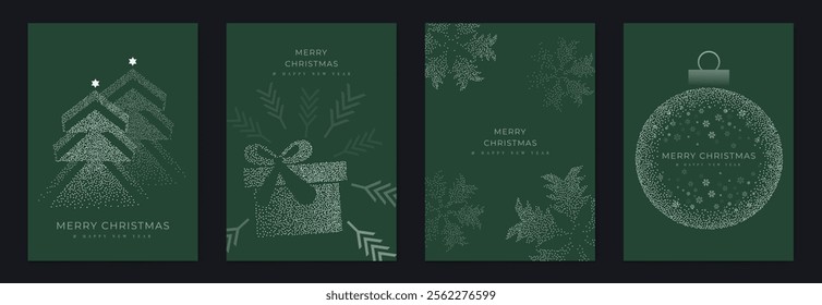 Merry Christmas and Happy New Year greeting card vector set. Luxury invitation with Christmas tree, bauble, gift, spot texture on green background. Design illustration for season's card, ads.