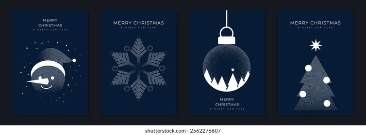 Merry Christmas and Happy New Year greeting card vector set. Luxury invitation with Christmas tree, snowman, bauble, spot texture on navy blue background. Design illustration for season's card, ads.