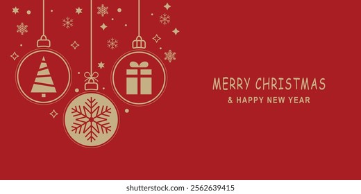 Merry Christmas and Happy New Year vector illustrations. Abstract designs for Christmas card, web banner and wall paper with winter background. Baubles with Christmas tree, snowflake and gift.
