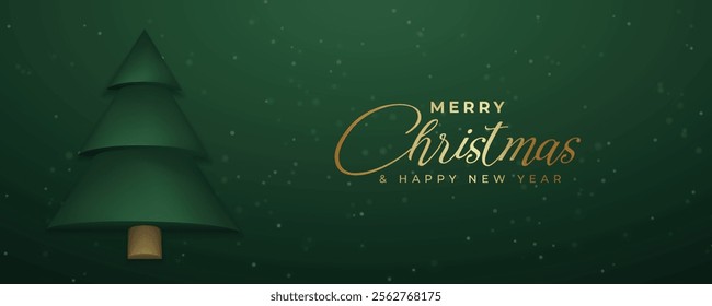 Merry christmas and happy new year green banner design. 3D christmas tree with golden text design. Horizontal Christmas poster, greeting card, header, cover, vector illustration.