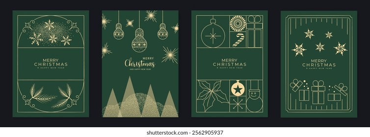 Merry Christmas and Happy New Year greeting card vector set. Luxury invitation with Christmas tree, bauble, spot and line texture on green background. Design illustration for season's card, ads.