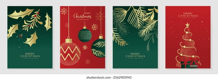 Merry Christmas and Happy New Year greeting card vector set. Luxury invitation with Christmas tree, bauble, line spot texture on green and red background. Design illustration for season's card, ads.