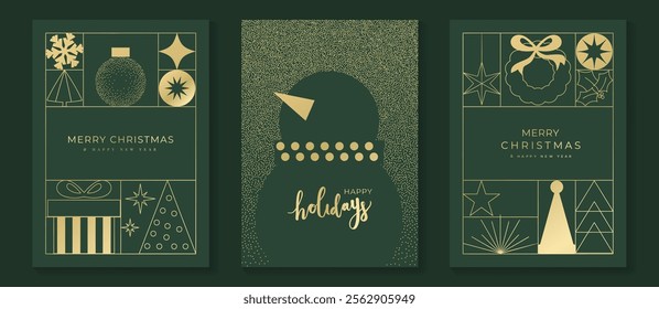 Merry Christmas and Happy New Year greeting card vector set. Luxury invitation with Christmas tree, bauble, spot and line texture on green background. Design illustration for season's card, ads.