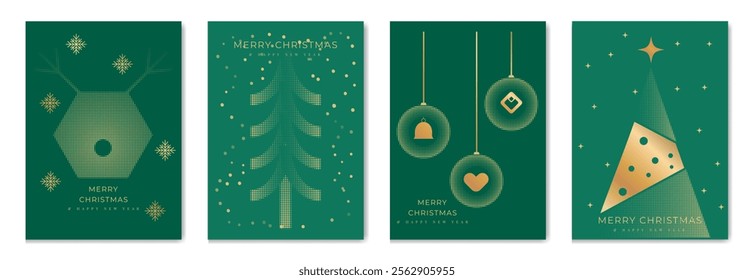 Merry Christmas and Happy New Year greeting card vector set. Luxury invitation with Christmas tree, bauble, spot and line texture on green background. Design illustration for season's card, ads.