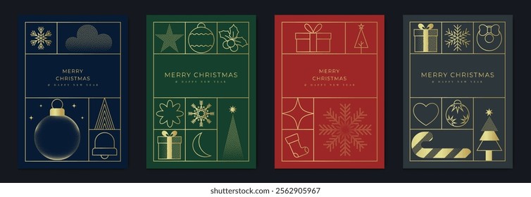 Merry Christmas and Happy New Year greeting card vector set. Luxury invitation with tree, bauble, spot and line texture on navy blue, red and green. Design illustration for season's card, ads.