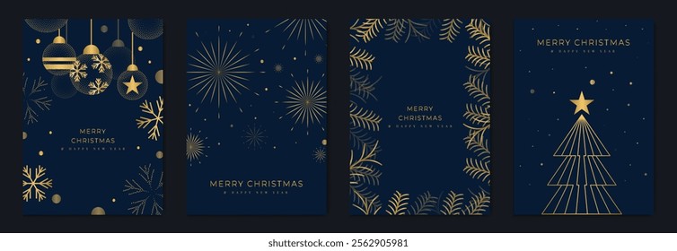 Merry Christmas and Happy New Year greeting card vector set. Luxury invitation with Christmas tree, bauble, spot and line texture on navy blue background. Design illustration for season's card, ads.