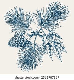 Merry Christmas and Happy New Year pine, holly berry branches and gift box arrangement. Hand drawn line art vector illustration.