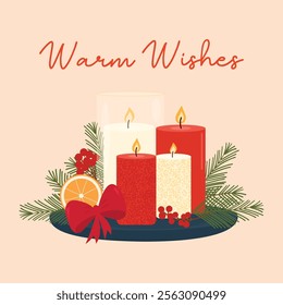 Merry Christmas and Happy New Year, greeting card with candles, pine branches and berries. Warm wishes. Christmas composition of decorative burning candles. Holiday decor. Vector illustration.