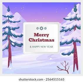 Merry Christmas and happy new year card. Snow forest, congratulation text. Background with copy space. Frozen pine trees. Seasonal snowflake. Winter botany. Vector cartoon flat isolated illustration