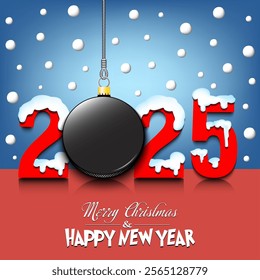 Merry Christmas and Happy New Year. Number 2025 and hockey puck as a Christmas decorations hanging on strings amid falling snow on a mirror surface. Pattern for greeting card. Vector illustration