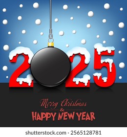 Merry Christmas and Happy New Year. Number 2025 and hockey puck as a Christmas decorations hanging on strings amid falling snow on a mirror surface. Pattern for greeting card. Vector illustration