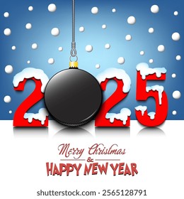 Merry Christmas and Happy New Year. Number 2025 and hockey puck as a Christmas decorations hanging on strings amid falling snow on a mirror surface. Pattern for greeting card. Vector illustration