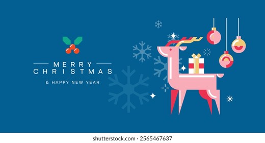 Merry Christmas and happy new year greeting card with Reindeer and Christmas festive elements. Holiday banner, web poster, flyer, stylish brochure, greeting card, cover. Xmas background. 