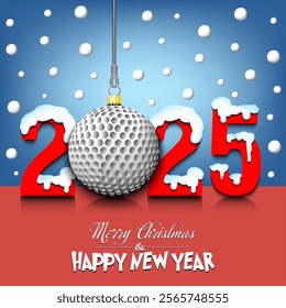 Merry Christmas and Happy New Year. Number 2025 and golf ball as a Christmas decorations hanging on strings amid falling snow on a mirror surface. Pattern for greeting card. Vector illustration