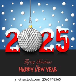 Merry Christmas and Happy New Year. Number 2025 and golf ball as a Christmas decorations hanging on strings amid falling snow on a mirror surface. Pattern for greeting card. Vector illustration