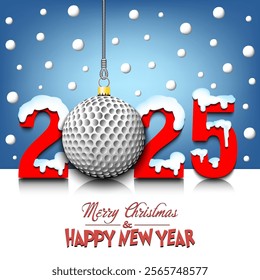 Merry Christmas and Happy New Year. Number 2025 and golf ball as a Christmas decorations hanging on strings amid falling snow on a mirror surface. Pattern for greeting card. Vector illustration