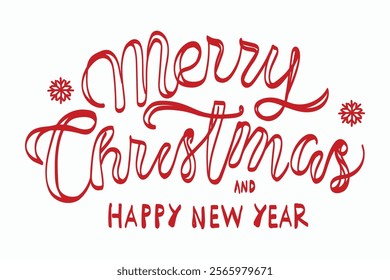 Merry Christmas and Happy New Year Red Calligraphic Text on White Background.Vector illustration